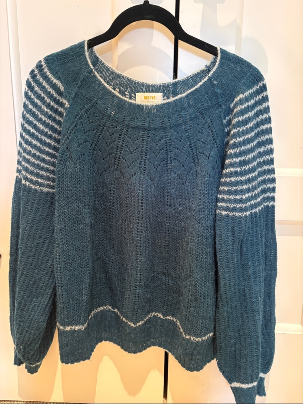 Maeve by Anthropologie Teal Crewneck Sweater with White Stripe Accents